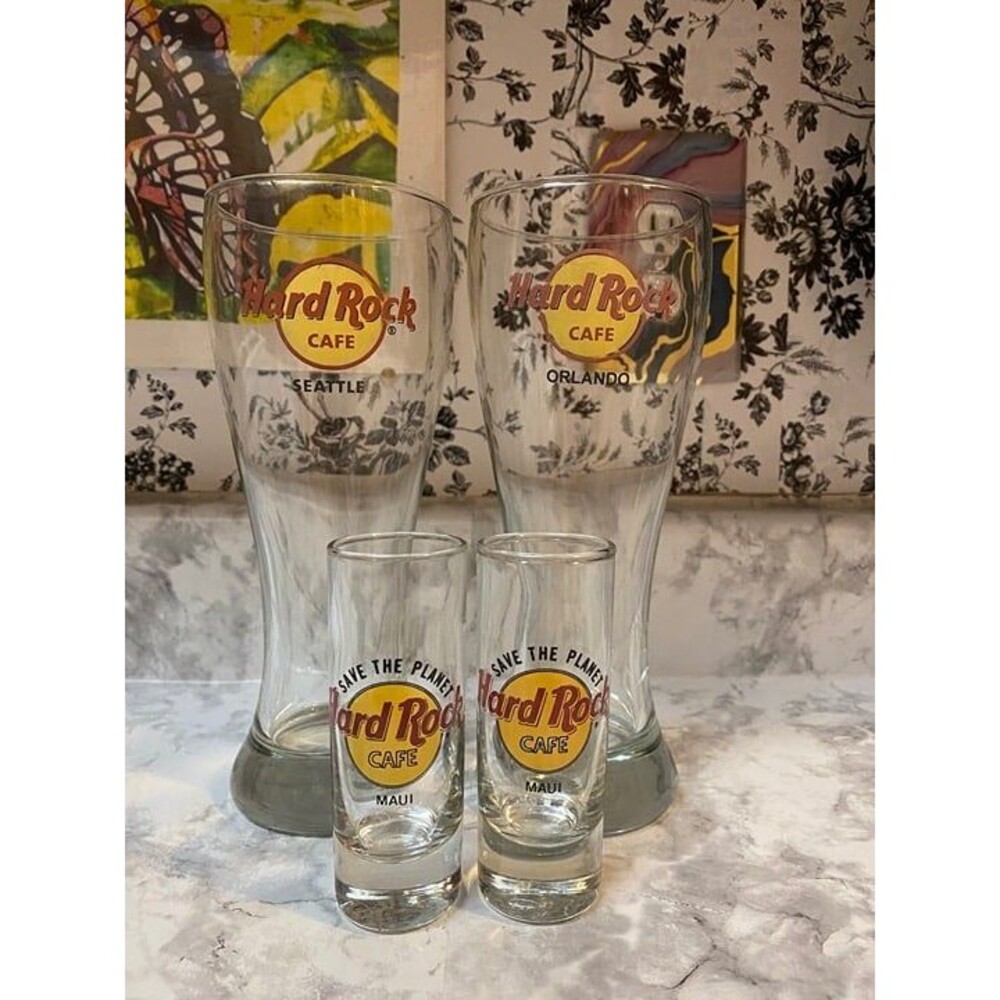 * Hard Rock Cafe Glassware Lot of 4 - Seattle, Orlando Pilsners & Maui Shot Glas